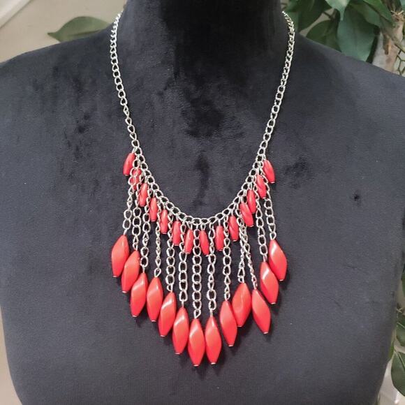 Womens Silver Chain Binge Red Stone Beaded Statement Necklace with Lobster Clasp - Picture 1 of 8